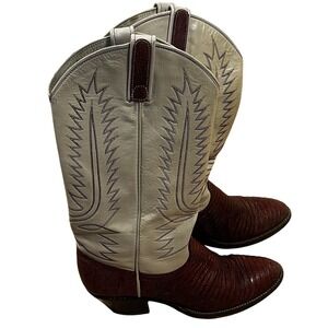 Vintage Dan Post Women's Burgundy‎ Lizard Cream Leather Western Cowboy Boot